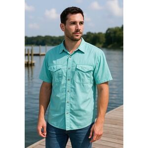 GH Bass Fishing Shirt Men's 2XL Teal Blue Button Up Vented Short Sleeve
